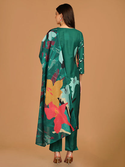 Emerald Green Floral Printed Straight Suit Set