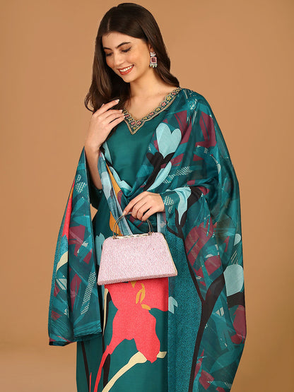 Emerald Green Floral Printed Straight Suit Set