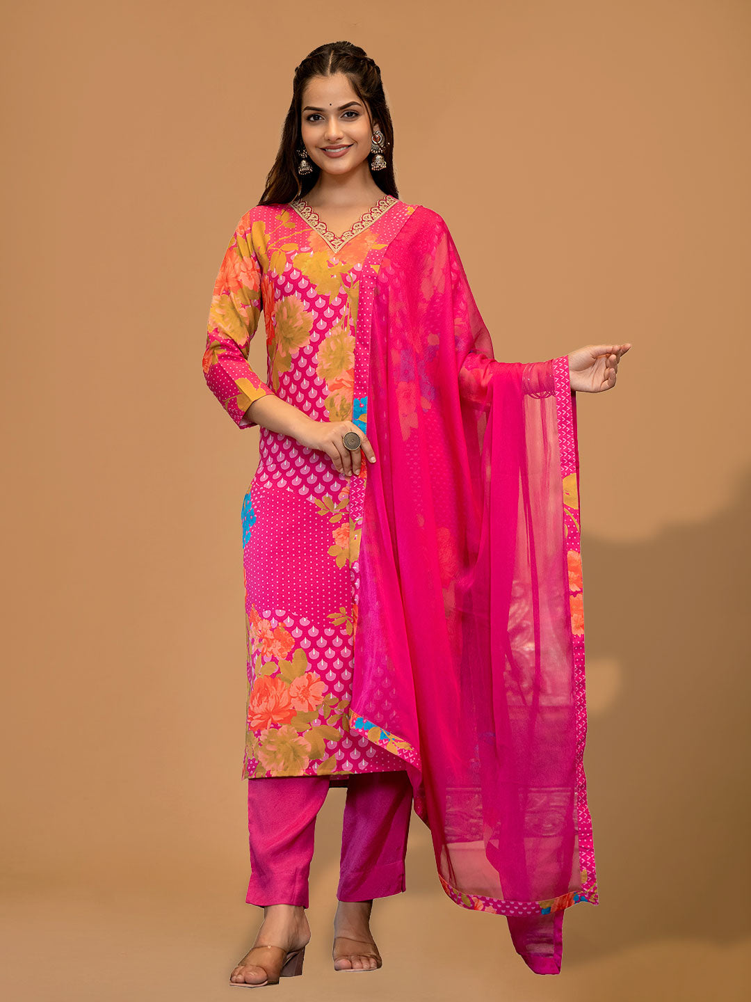Fuchsia Pink Floral Printed Rayon Slub Straight Suit Set