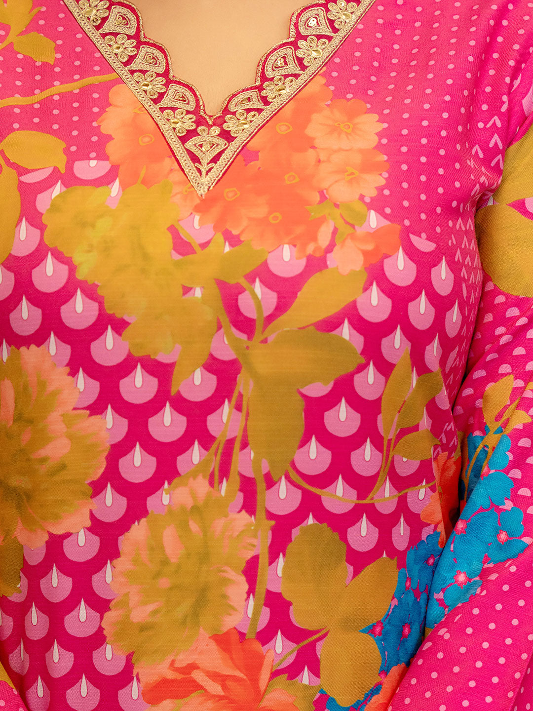 Fuchsia Pink Floral Printed Rayon Slub Straight Suit Set