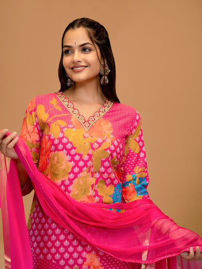 Fuchsia Pink Floral Printed Rayon Slub Straight Suit Set