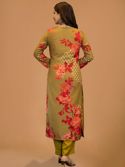 Olive Green Floral Printed Straight Suit Set
