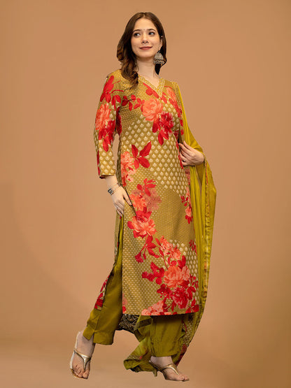 Olive Green Floral Printed Straight Suit Set