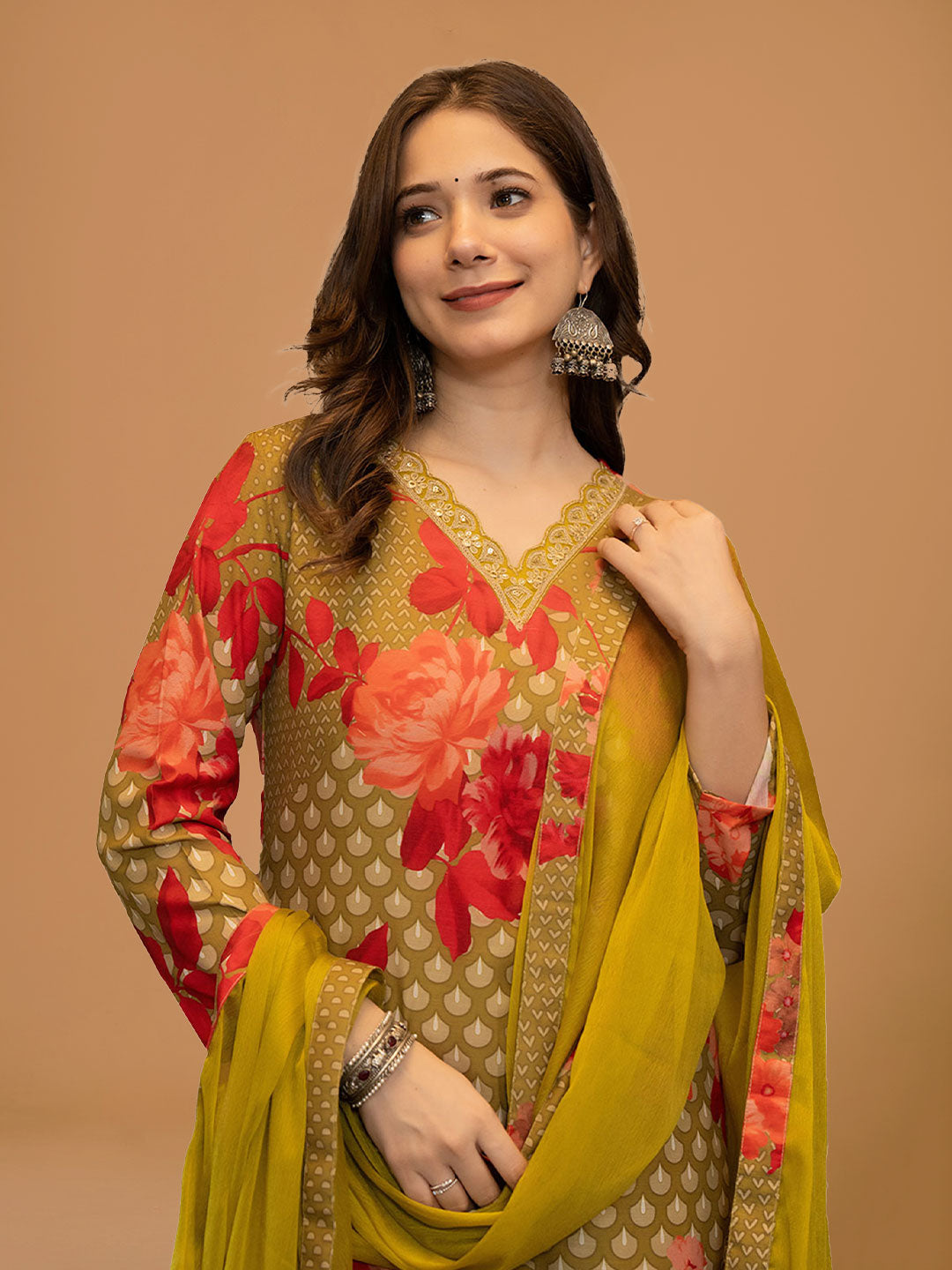 Olive Green Floral Printed Straight Suit Set