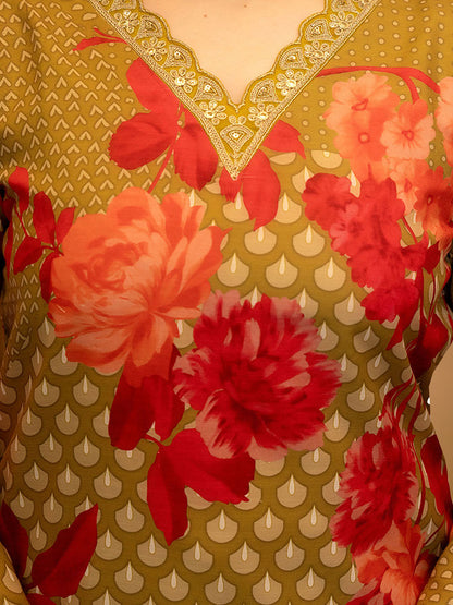 Olive Green Floral Printed Straight Suit Set