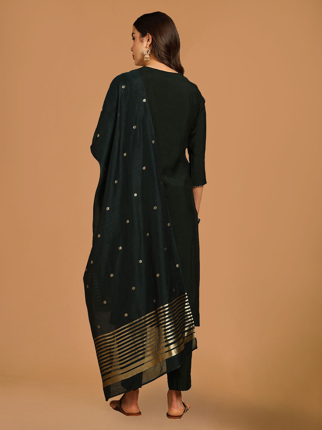 Dark Green Solid Zari Embroidered Straight Suit Set