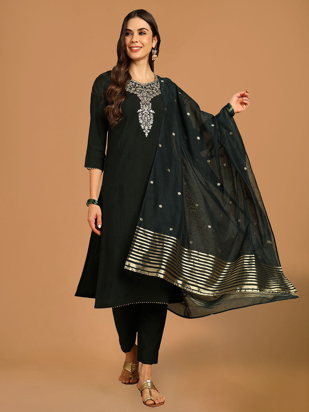 Dark Green Solid Zari Embroidered Straight Suit Set