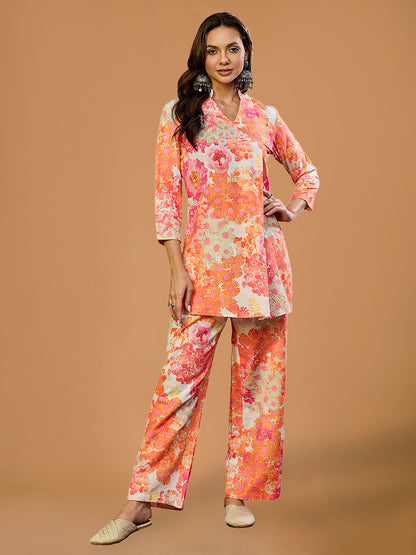 Pink Floral Rayon  Straight Co-ord Set