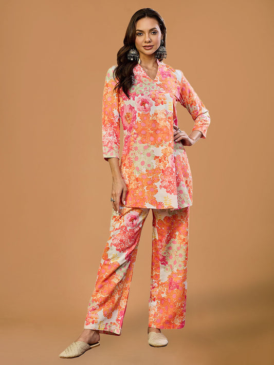 Pink Floral Rayon  Straight Co-ord Set