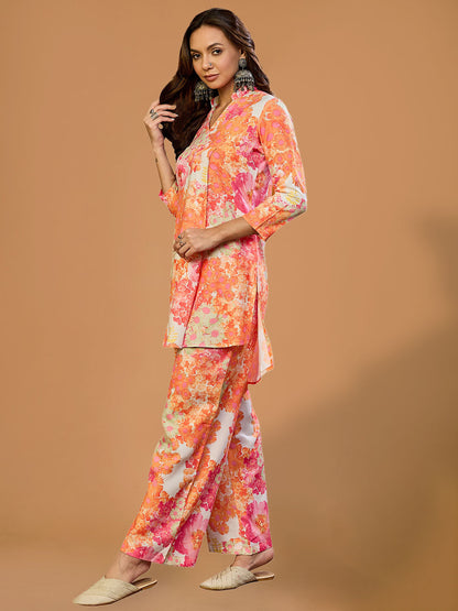 Pink Floral Rayon  Straight Co-ord Set