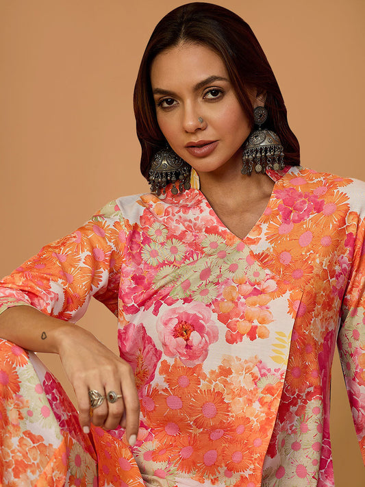 Pink Floral Rayon  Straight Co-ord Set