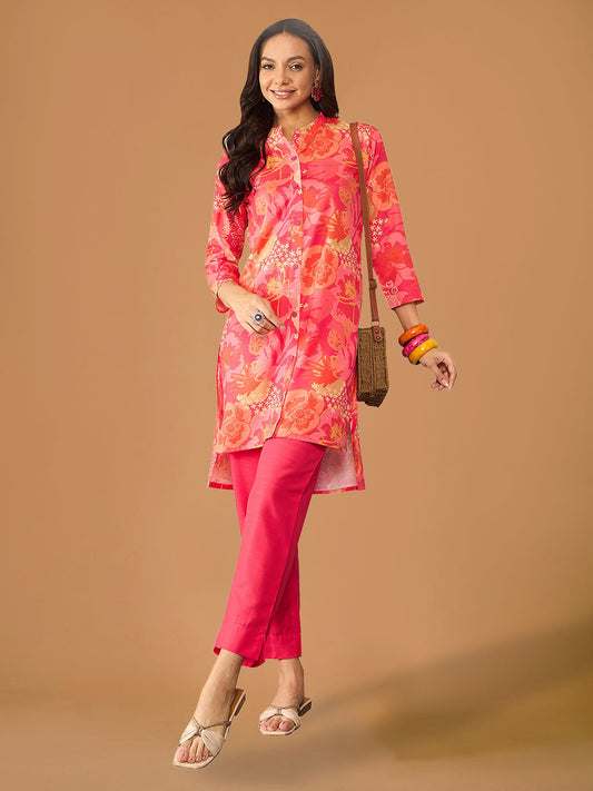 Coral Pink Floral Printed Rayon Co-ord Set