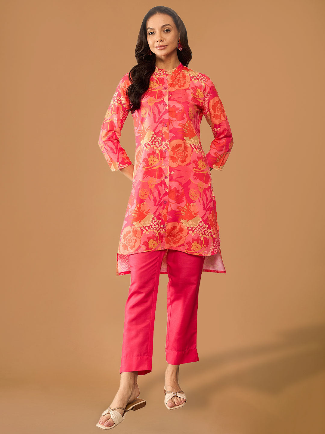 Coral Pink Floral Printed Rayon Co-ord Set