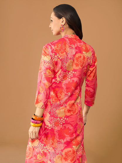 Coral Pink Floral Printed Rayon Co-ord Set