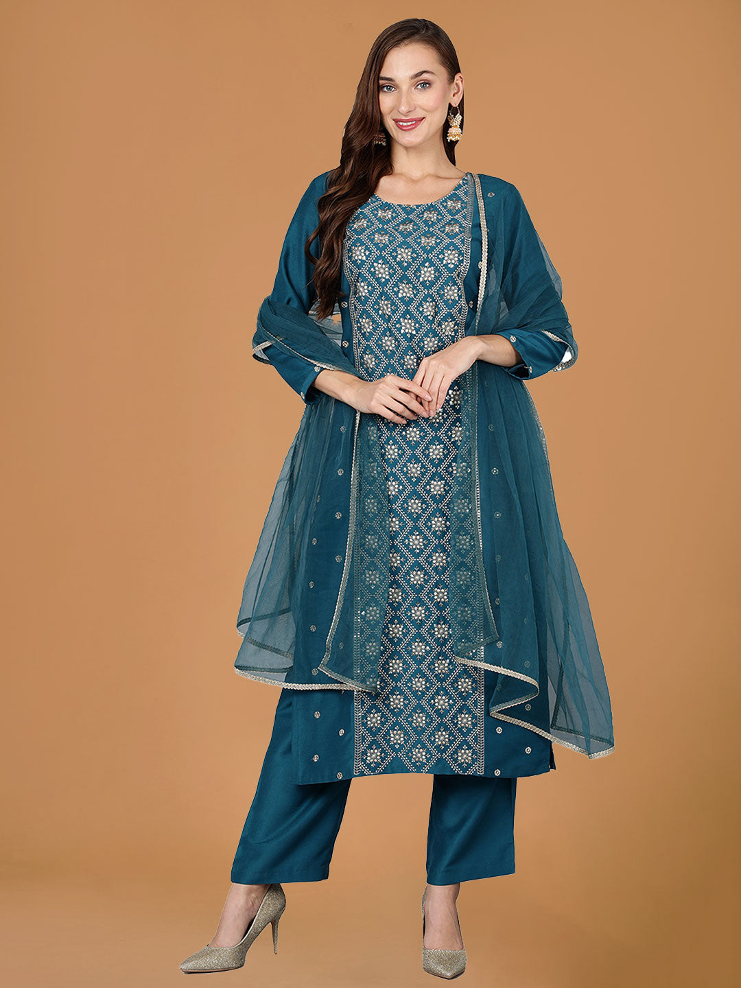 Teal Embroidered Solid Straight Suit Set