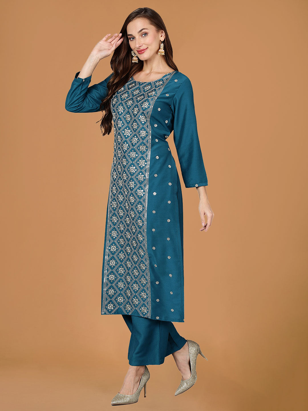 Teal Embroidered Solid Straight Suit Set