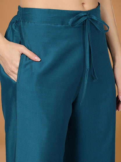 Teal Embroidered Solid Straight Suit Set