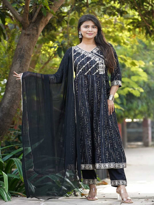 Black Embroidered Angharakha Style Rayon Foil Suit Set