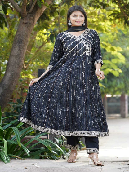 Black Embroidered Angharakha Style Rayon Foil Suit Set