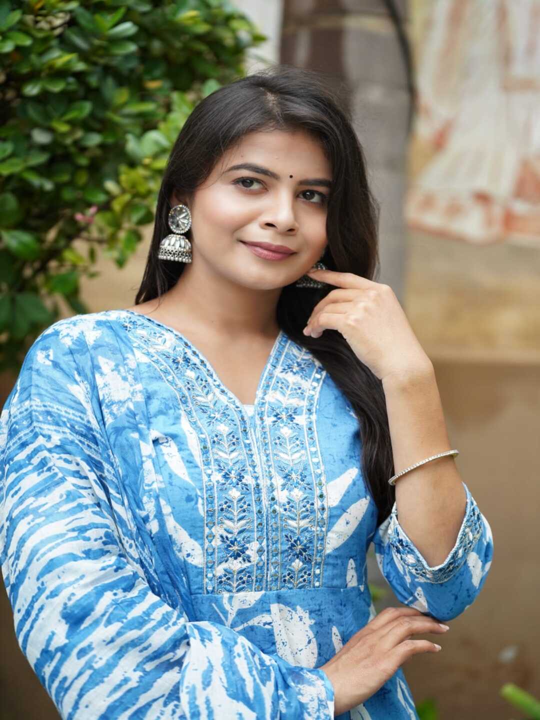 Blue Embroidered Anarkali Cotton Suit Set