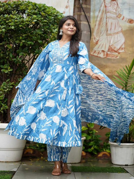 Blue Embroidered Anarkali Cotton Suit Set