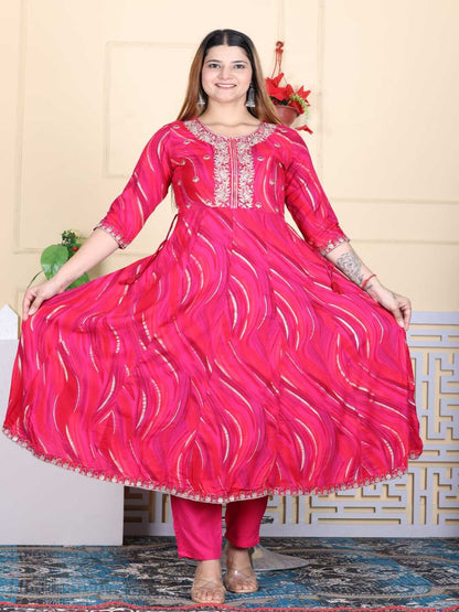 Pink Embroidered A-line Rayon Suit Set