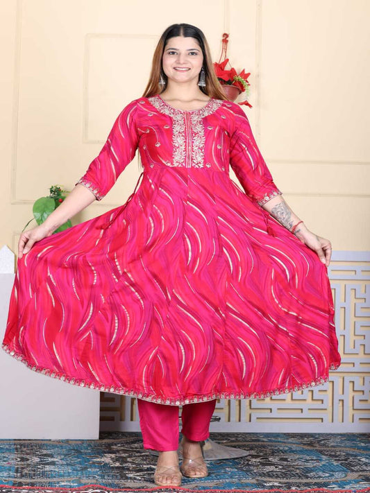 Pink Embroidered A-line Rayon Suit Set