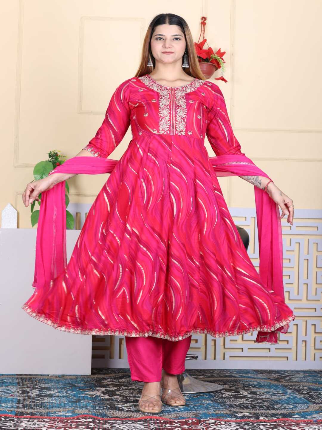 Pink Embroidered A-line Rayon Suit Set