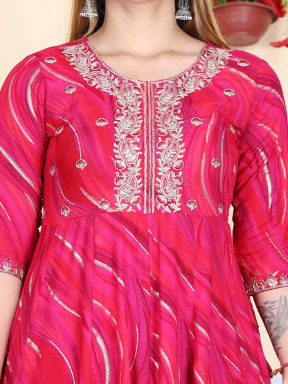 Pink Embroidered A-line Rayon Suit Set