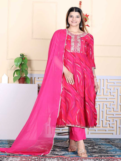 Pink Embroidered A-line Rayon Suit Set