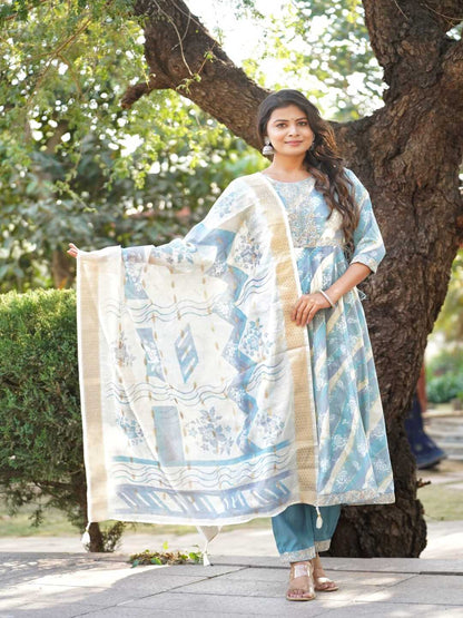 Blue Embroidered Straight Rayon Foil Suit Set