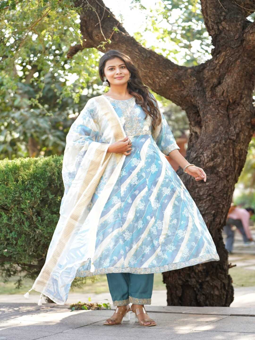 Blue Embroidered Straight Rayon Foil Suit Set