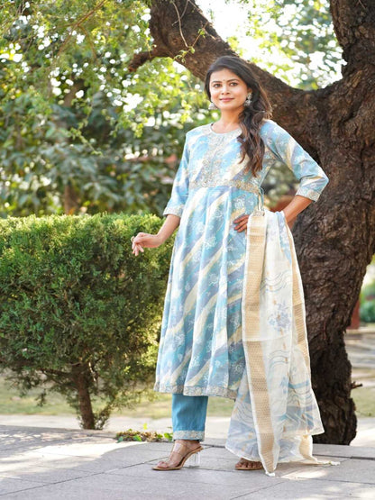 Blue Embroidered Straight Rayon Foil Suit Set
