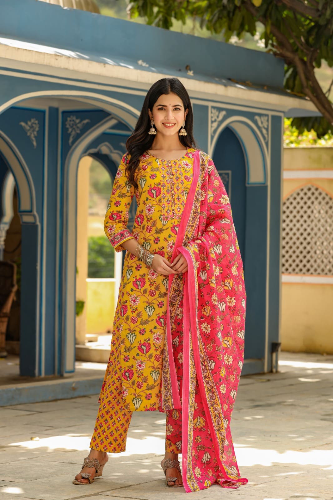 Mustard Rayon Blend Floral Print Suit Set