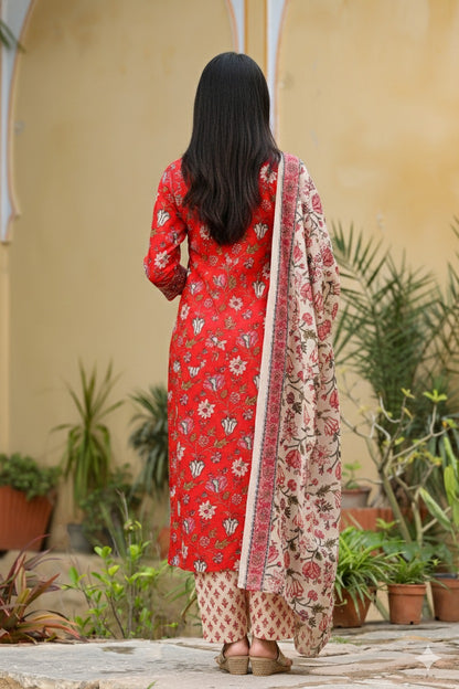 Red Rayon Blend Floral Printed Suit Set