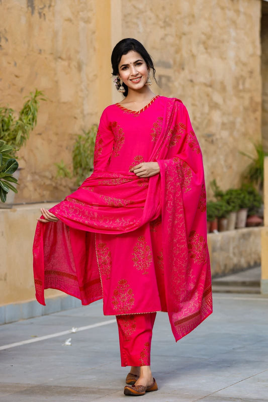 Pink Cotton Straight Suit Set with floral Prints