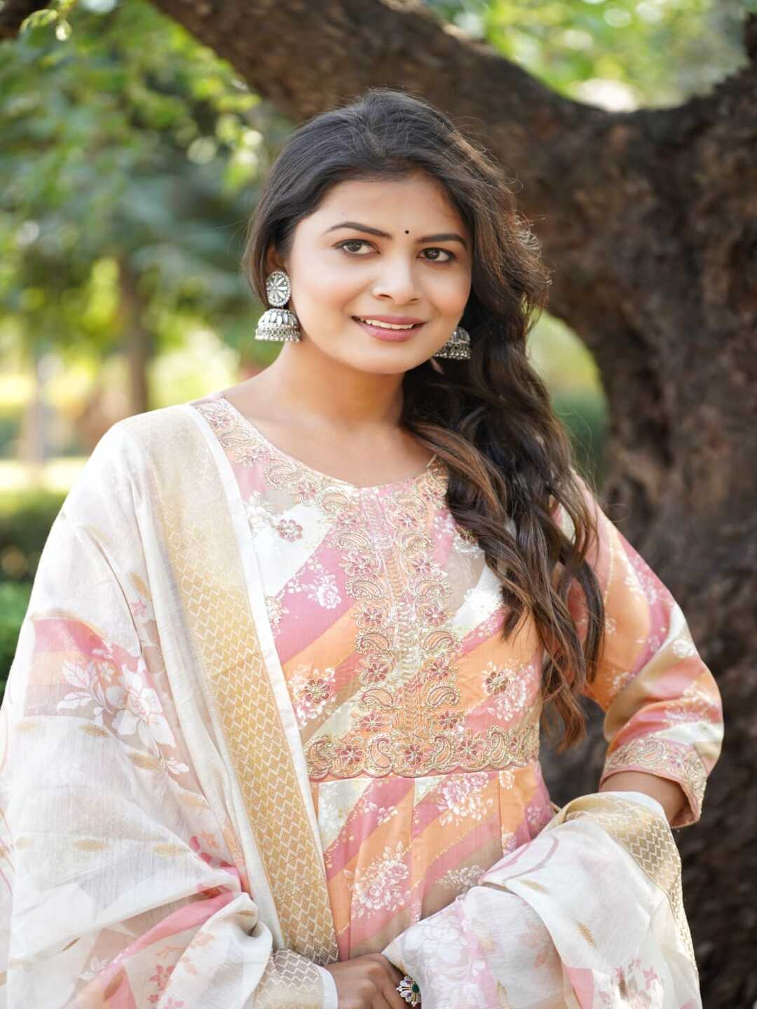 Pink Embroidered Anarkali Rayon Foil Suit Set