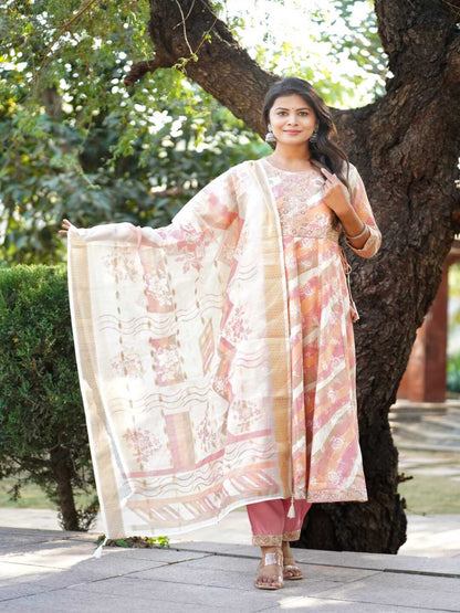 Pink Embroidered Anarkali Rayon Foil Suit Set